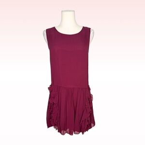THEORY Burgundy Rinoe Georgette Silk Ruffle Drop Waist Dress (Sz 2)